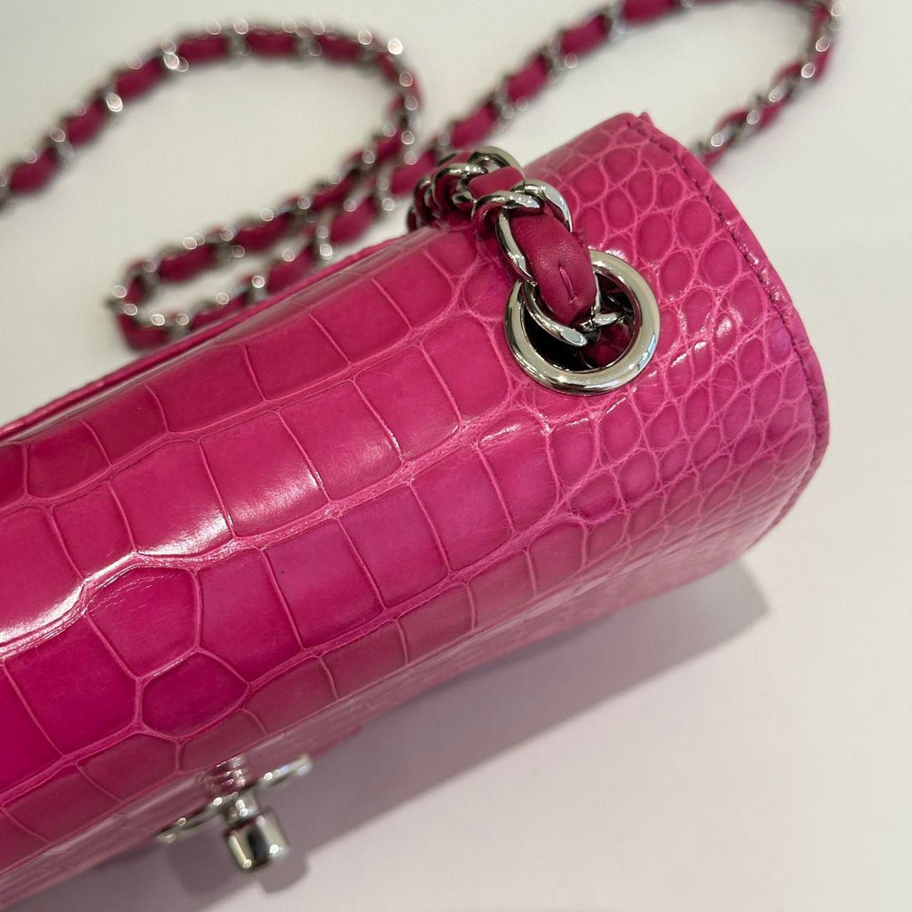Chanel pink crocodile leather mini flap silver hardware
