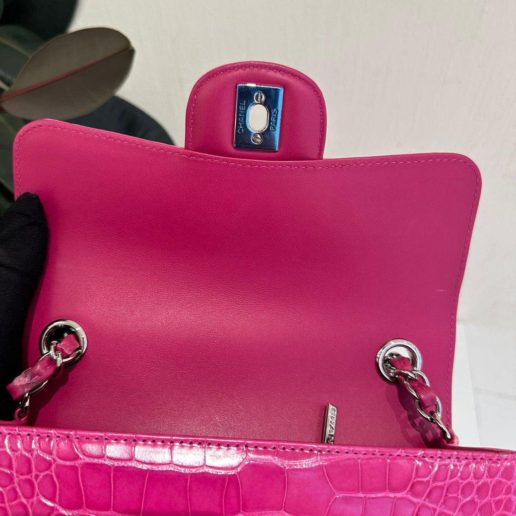 Chanel pink crocodile leather mini flap silver hardware