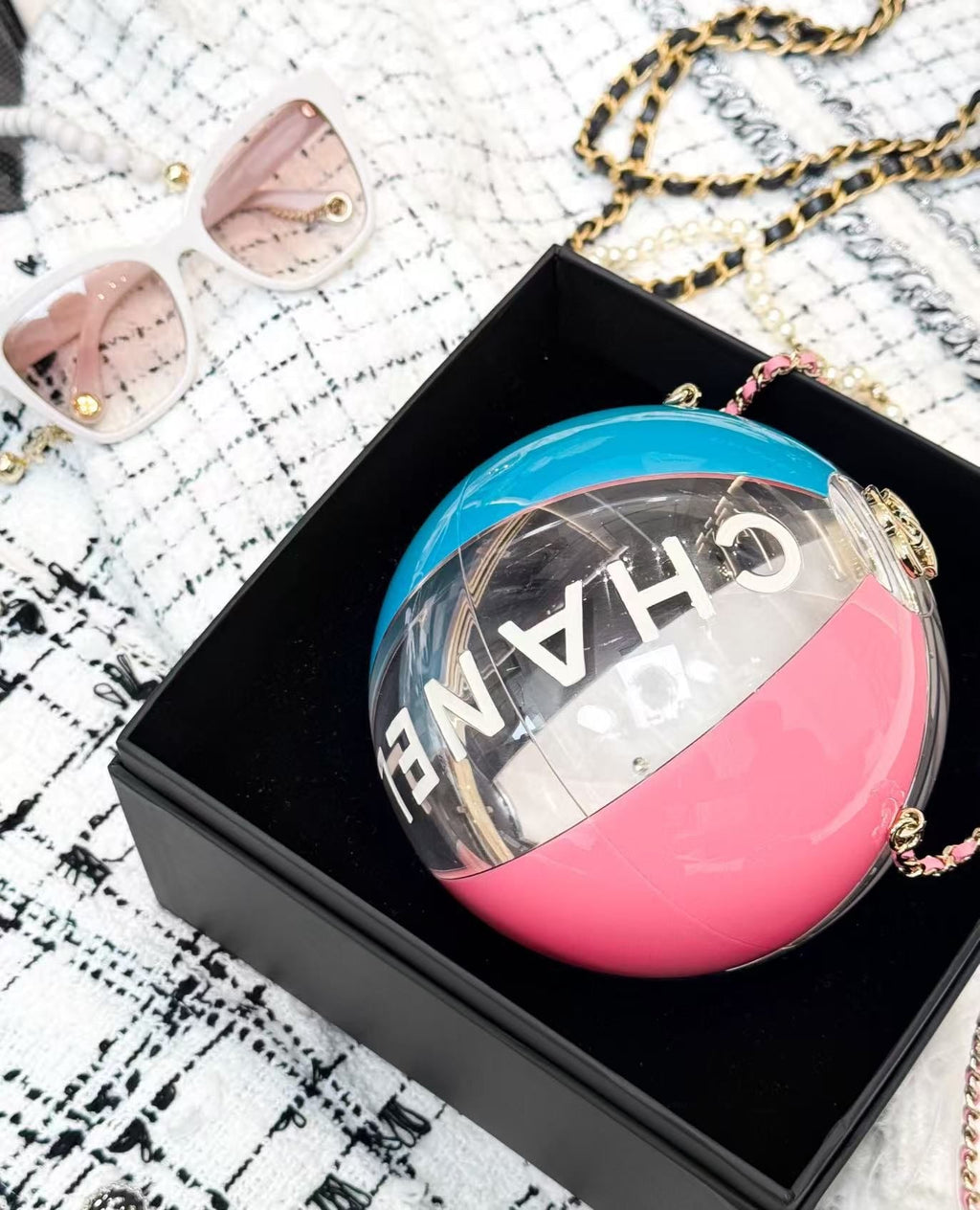 Chanel 2019 Pink, Clear and Blue Resin Coco Beach Ball Minaudière Light Gold Hardware