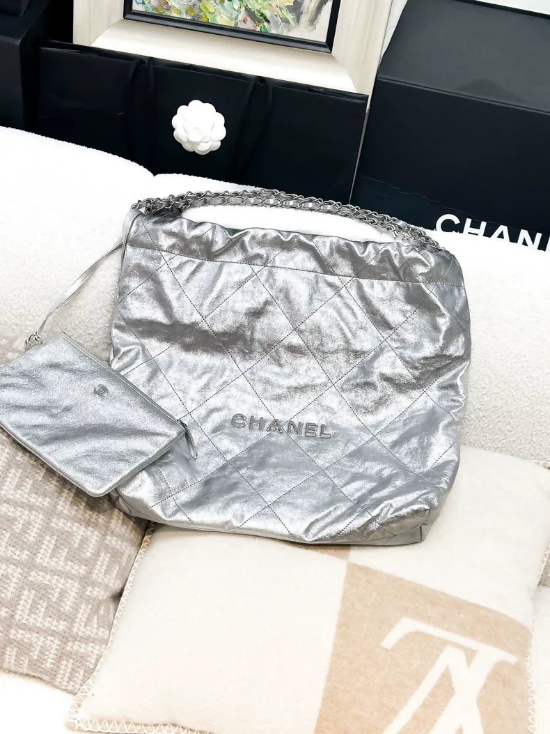 Chanel 23p 22bag metallic Silver Quilted Medium shoulder bag
