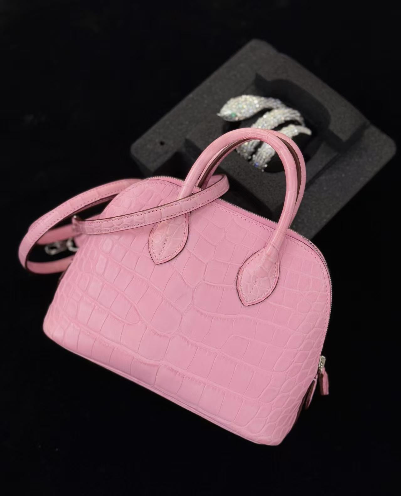 Super Rare, Hermès Mini Bolide 5P Bubblegum Crocodile leather Palladium hardware