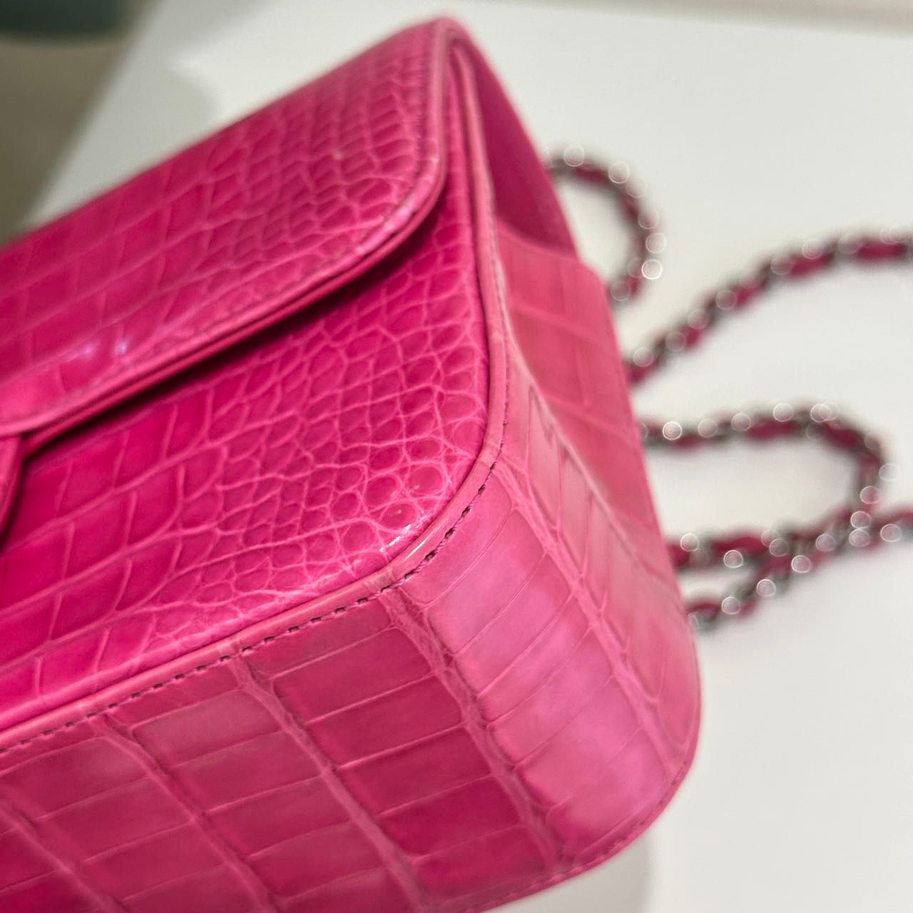 Chanel pink crocodile leather mini flap silver hardware