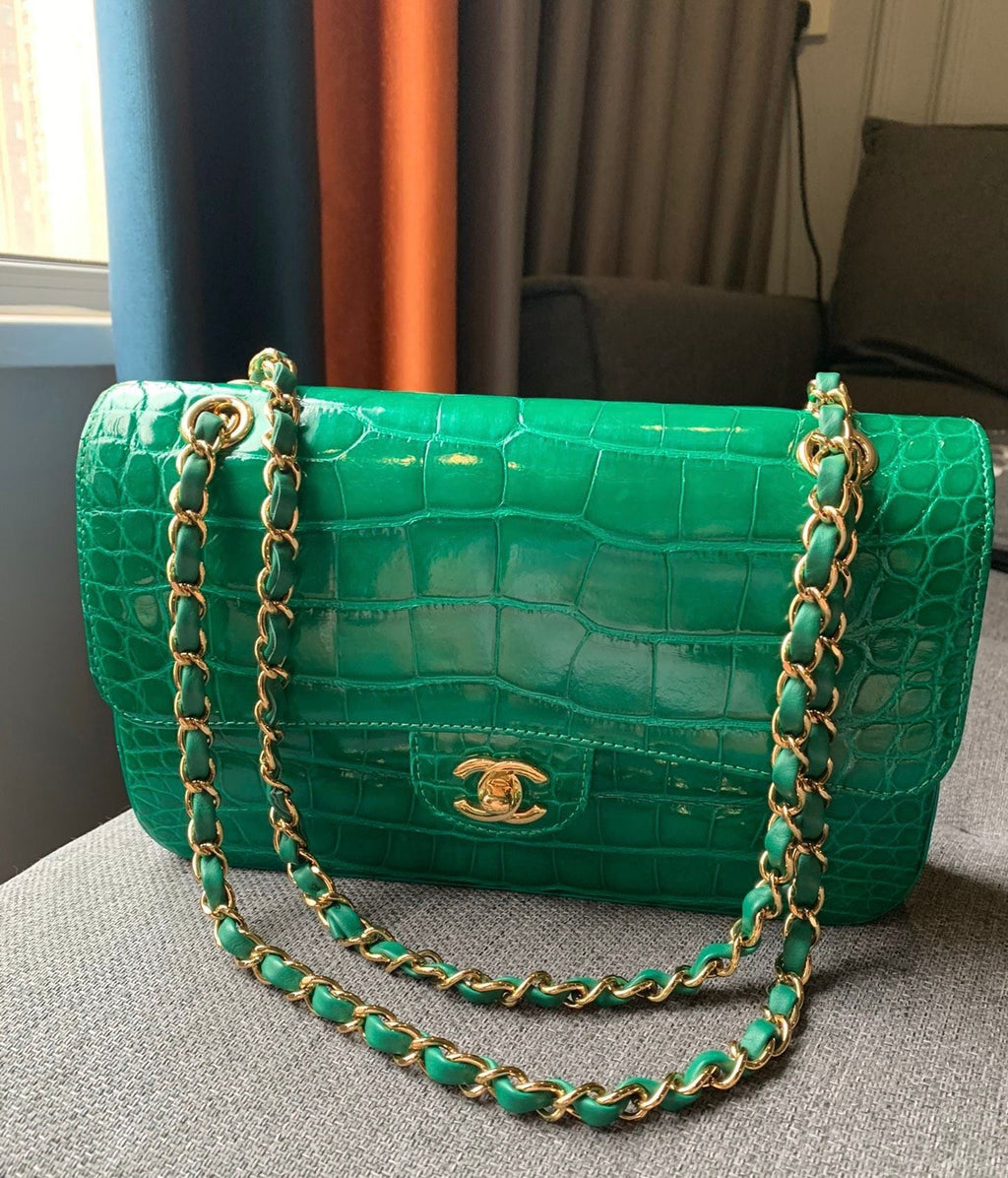 Chanel Green emerald alligator leather medium flap with gold hardware