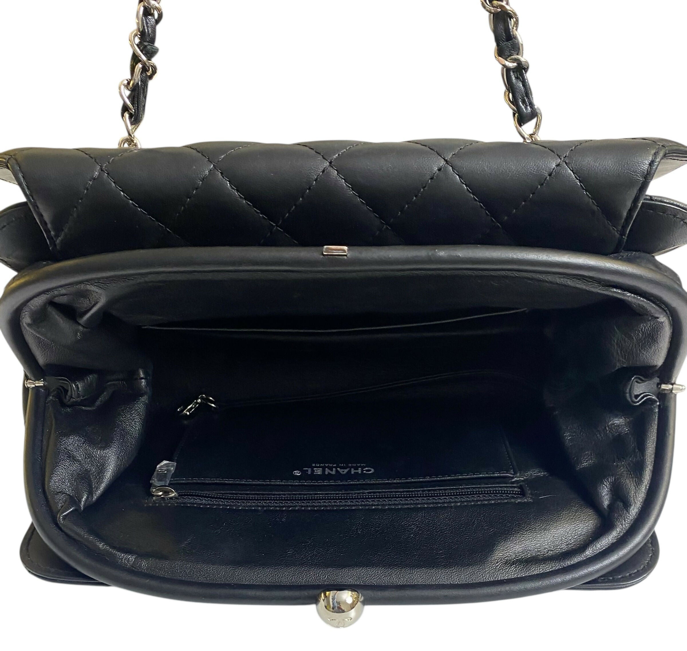 Chanel Classic Black CC Kisslock Lambskin Frame Compartment Bag