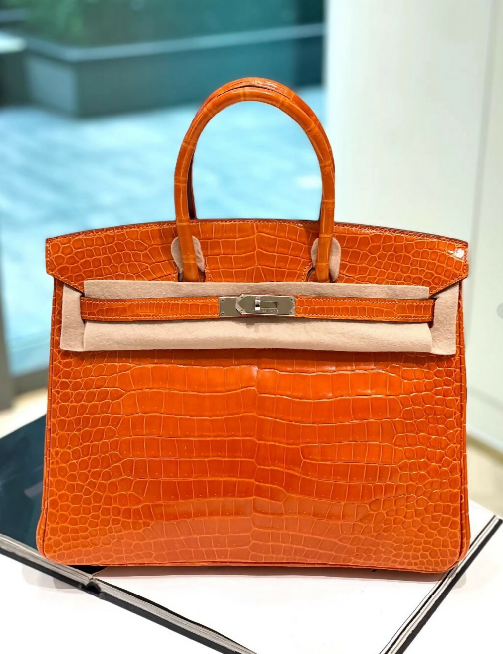 Hermes Birkin 35 Orange Shiny Crocodile Leather Palladium Hardware