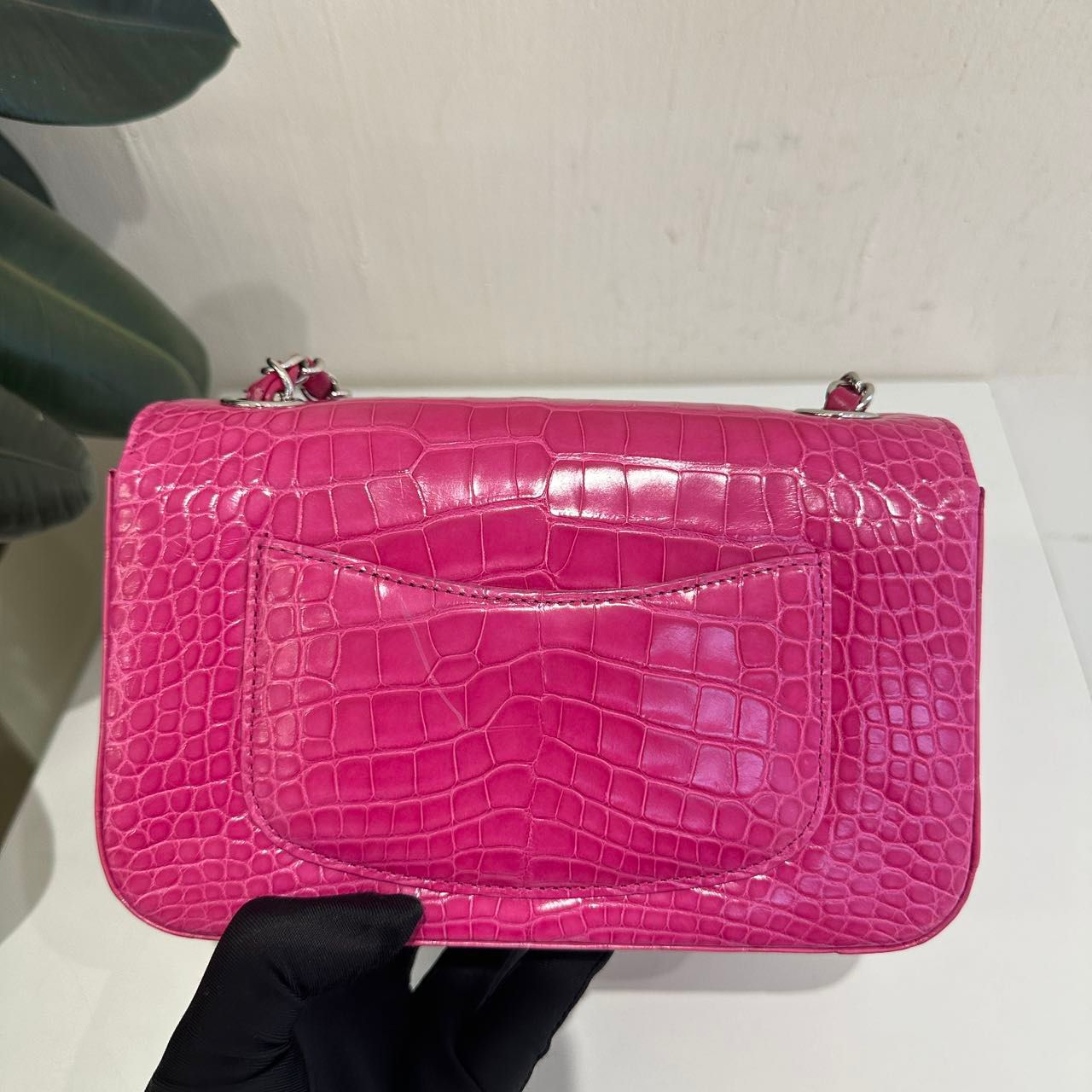 Chanel pink crocodile leather mini flap silver hardware
