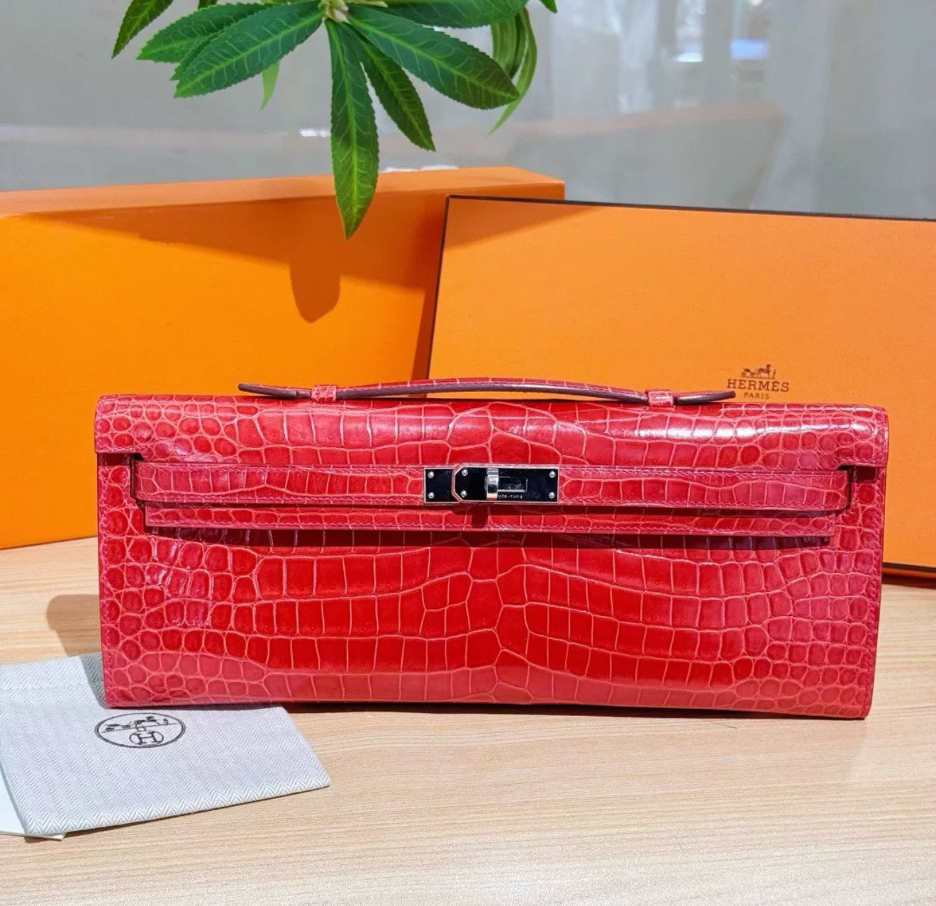 Hermes Kelly cut red shiny crocodile leather palladium hardware
