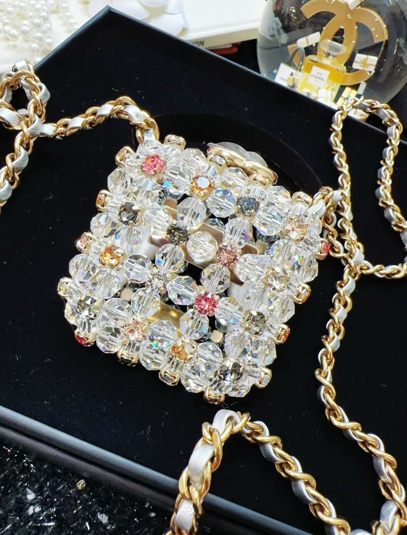 chanel 23C Rainbow Strass, Clear Crystal Embellished Micro Mini CC Evening Bag Gold Hardware