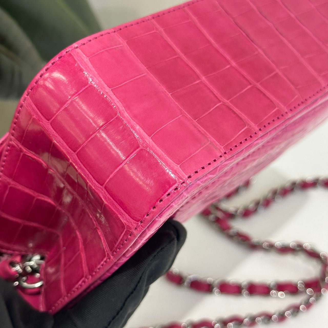 Chanel pink crocodile leather mini flap silver hardware