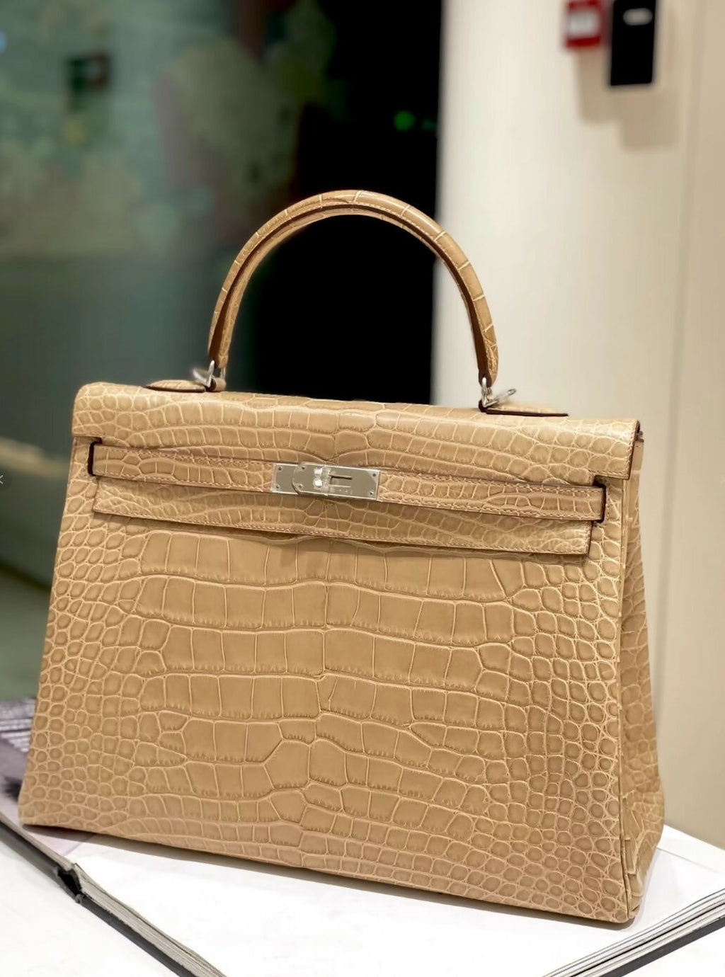 Hermes Kelly 35 Beige Matte Crocodile Leather Palladium Hardware