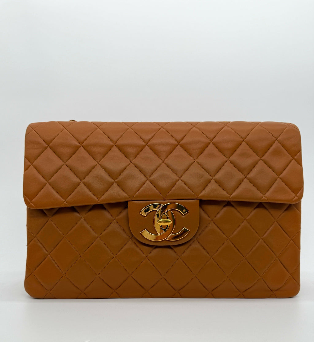 Chanel Vintage 1990s Caramel Brown Lambskin Maxi Single Classic Flap Bag - Series 2