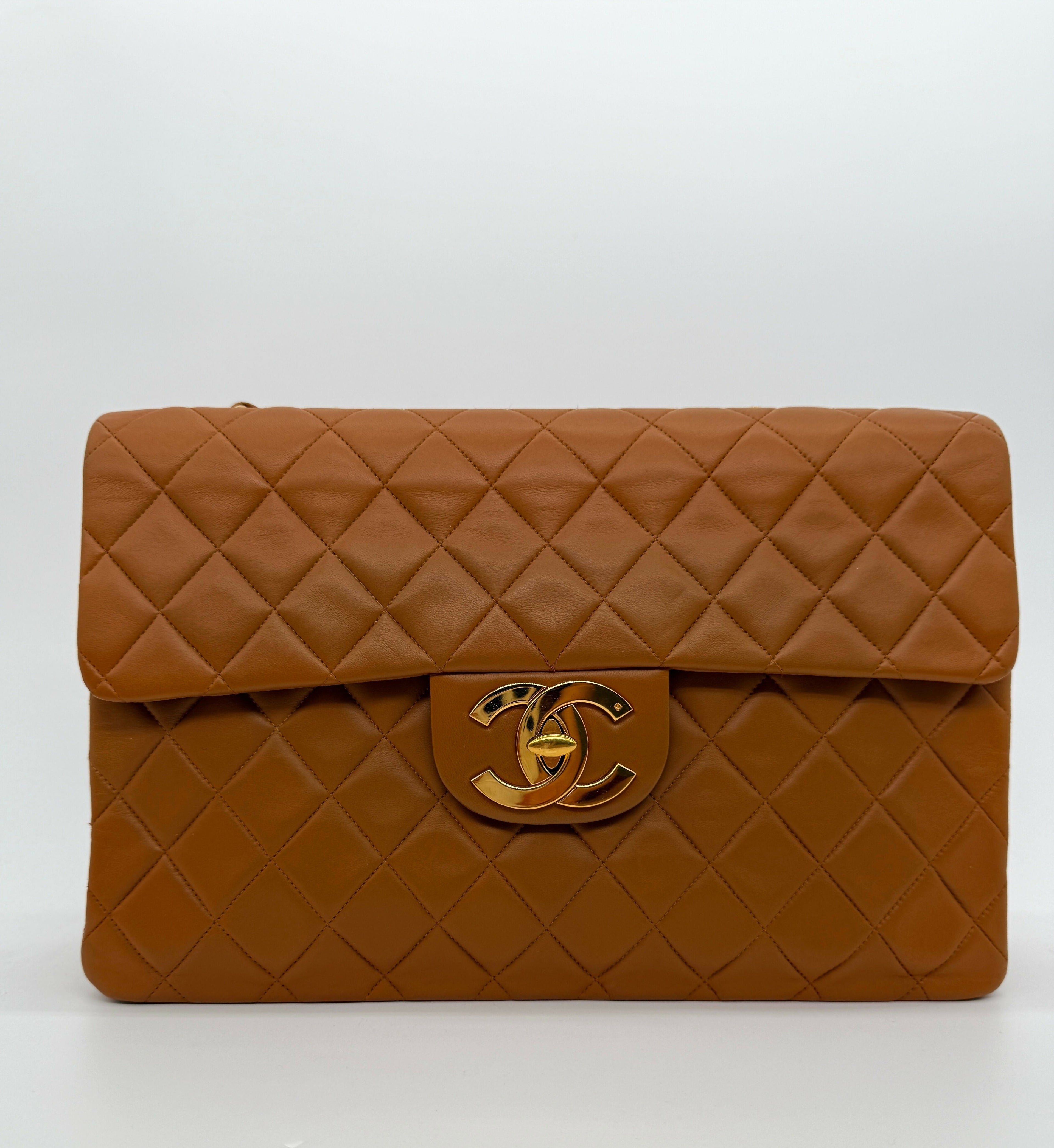 Chanel Vintage 1990s Caramel Brown Lambskin Maxi Single Classic Flap Bag - Series 2