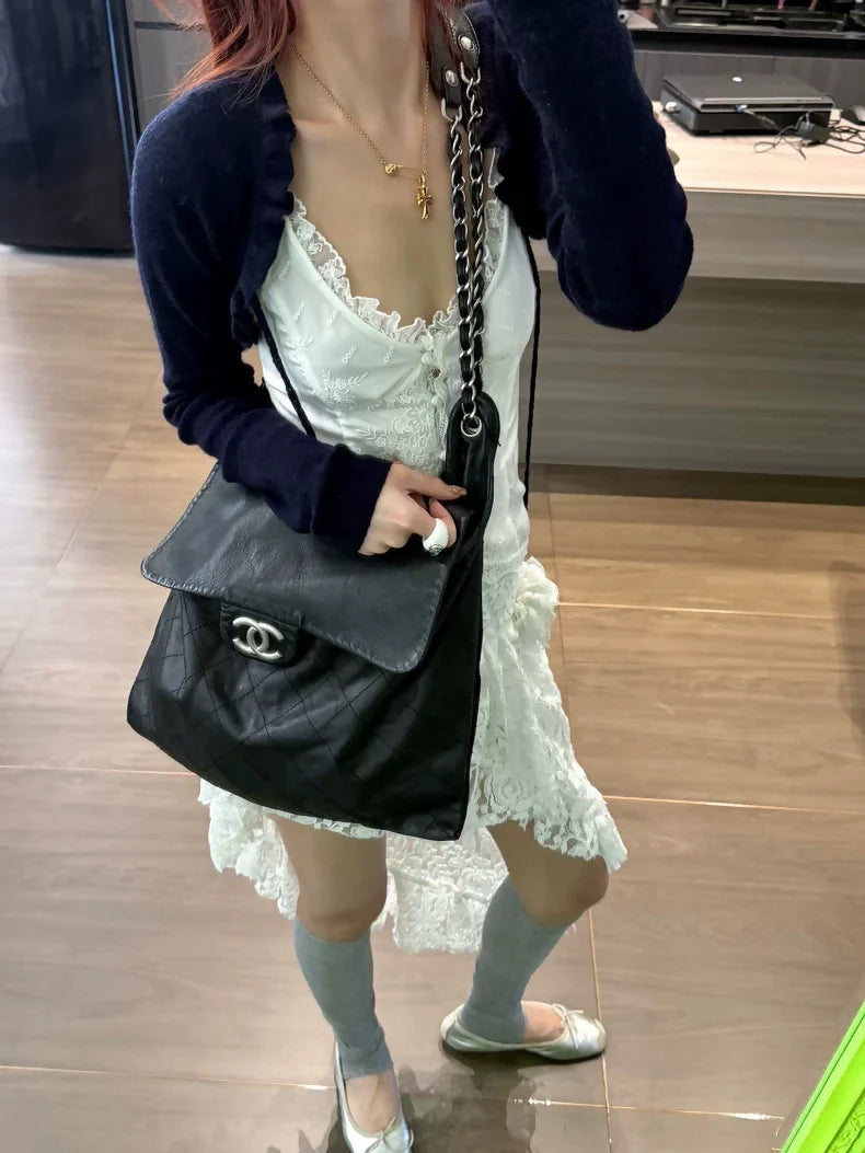 Chanel black and silver large crossbody bag