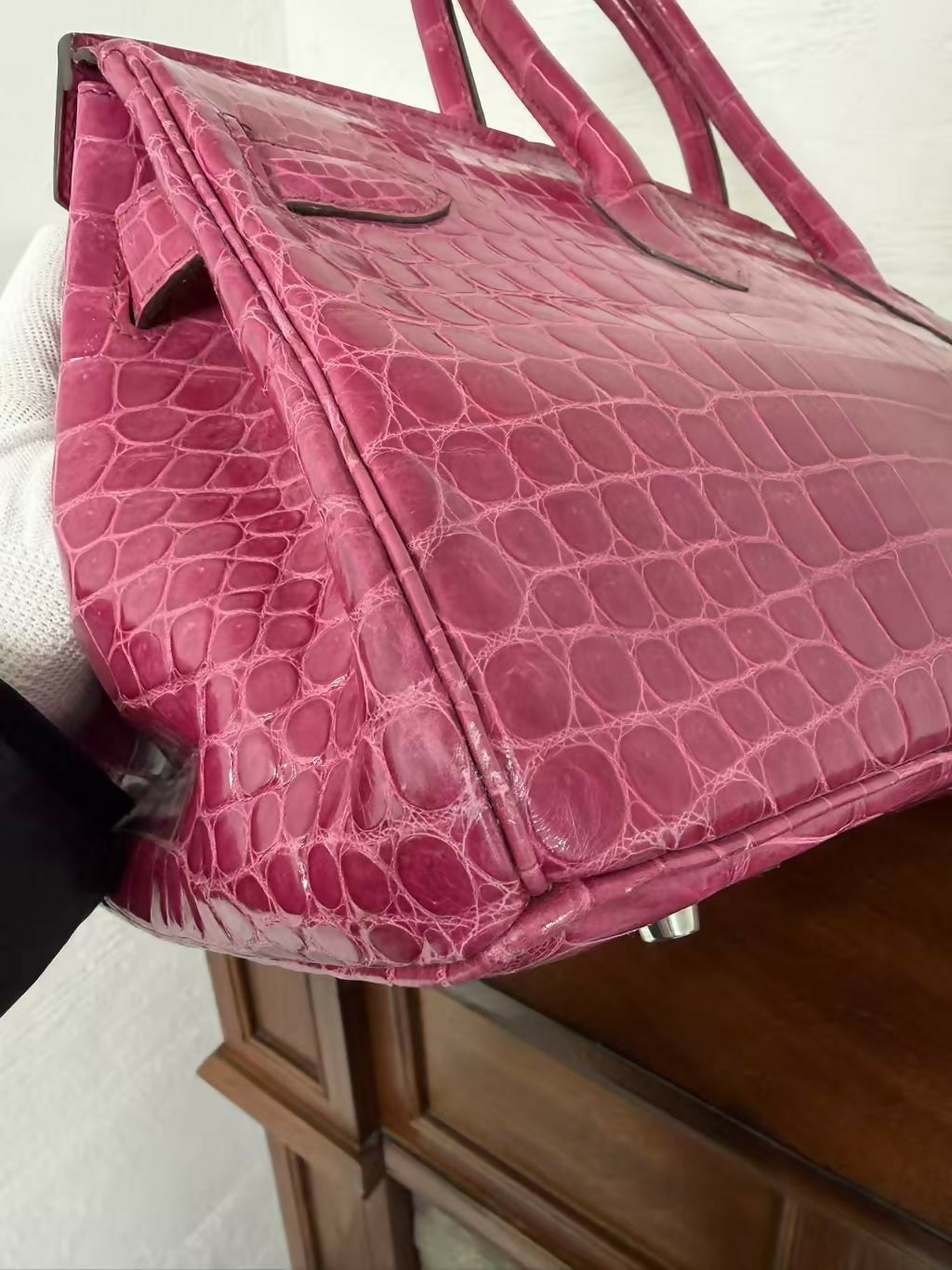 Hermes Birkin shoulder Rose Scheherazade Pink Crocodile Leather Palladium Hardware