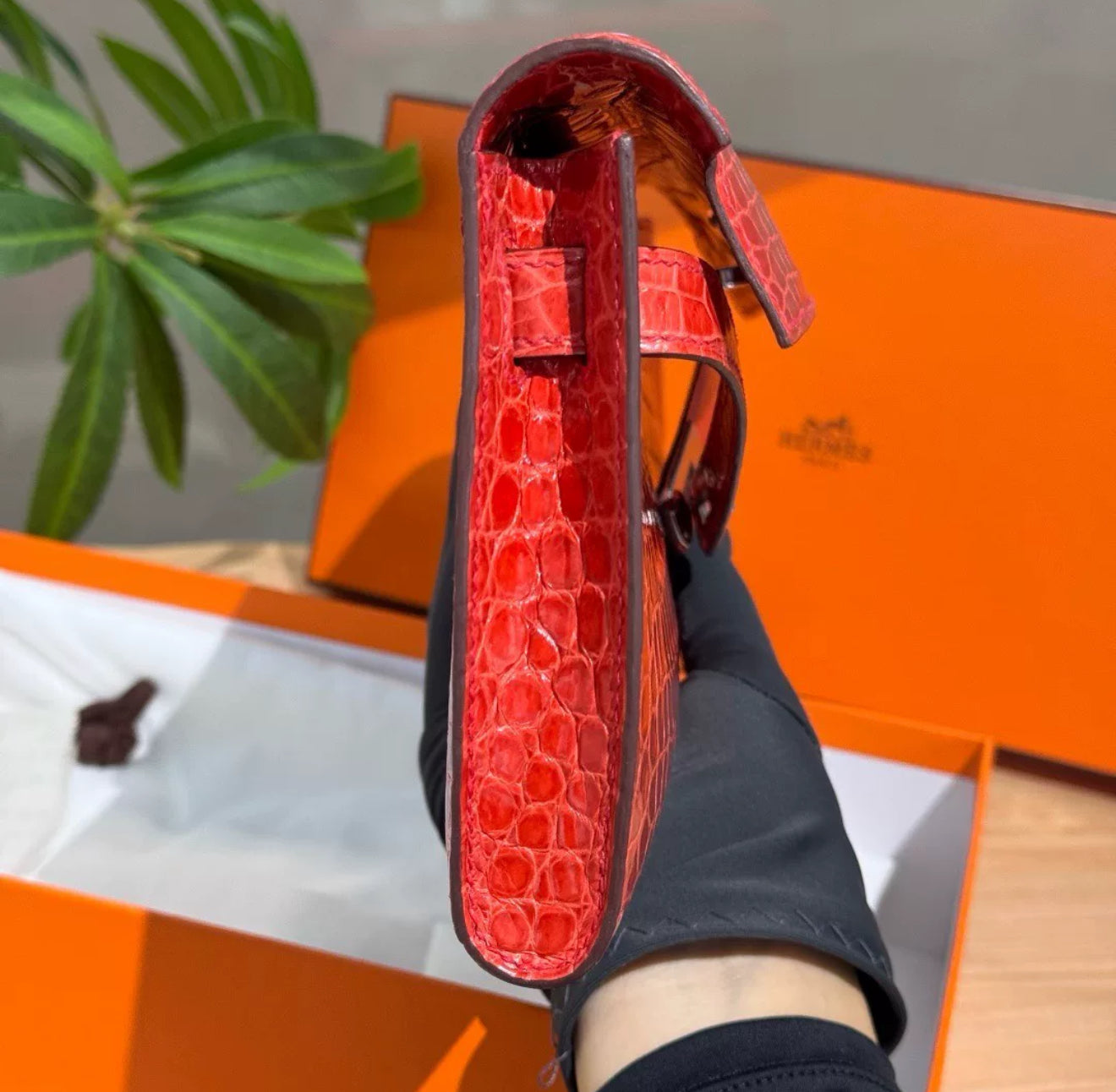 Hermes Kelly cut red shiny crocodile leather palladium hardware