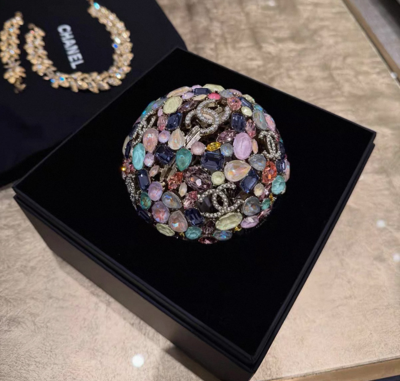 Chanel 26C SPHERE MINAUDIERE Strass, Imitation Pearls & Gold-Tone Metal 
Multicolor