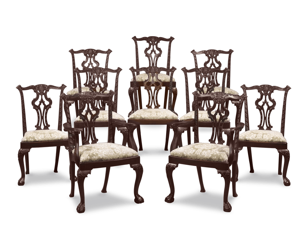 A beautiful, quality set of 10 Chippendale-style dining room chairs crafted of mahogany