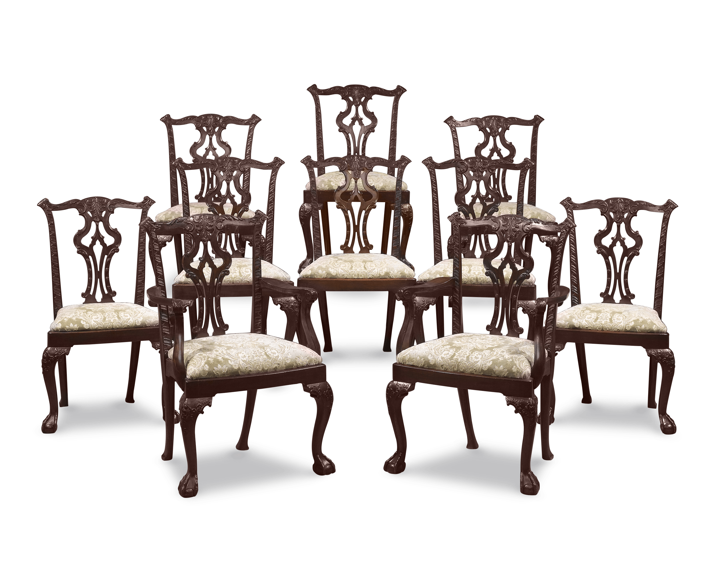 A beautiful, quality set of 10 Chippendale-style dining room chairs crafted of mahogany