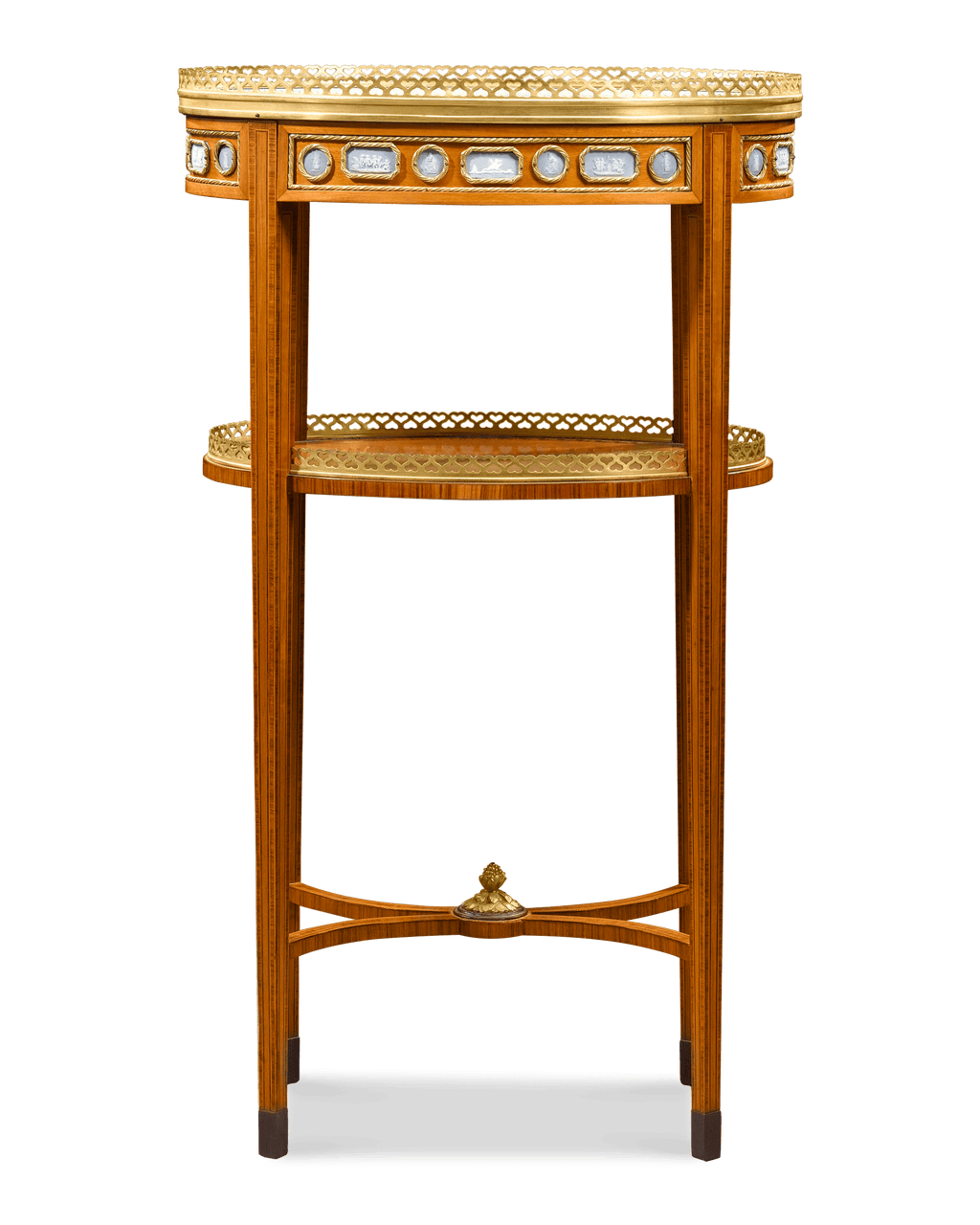 Crafted of exotic satinwood, the table sports a white marble top and Linke's trademark ormolu mounts