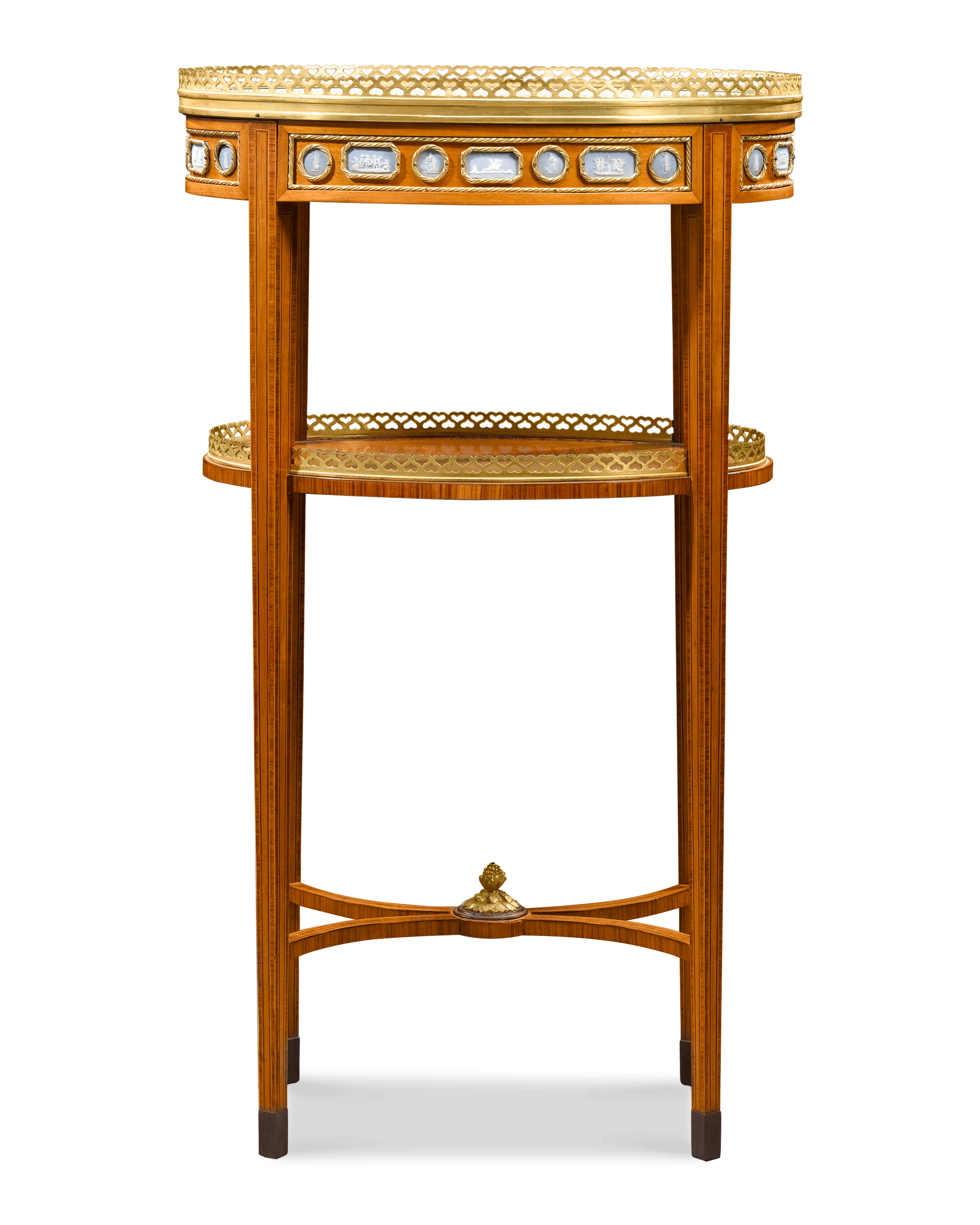 Crafted of exotic satinwood, the table sports a white marble top and Linke's trademark ormolu mounts