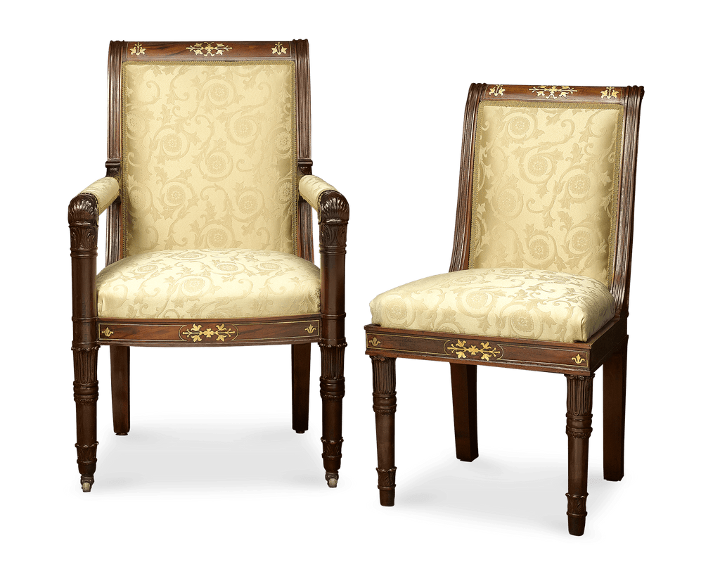 The 12 stately Neoclassical chairs are all upholstered in rich, cream-colored brocade