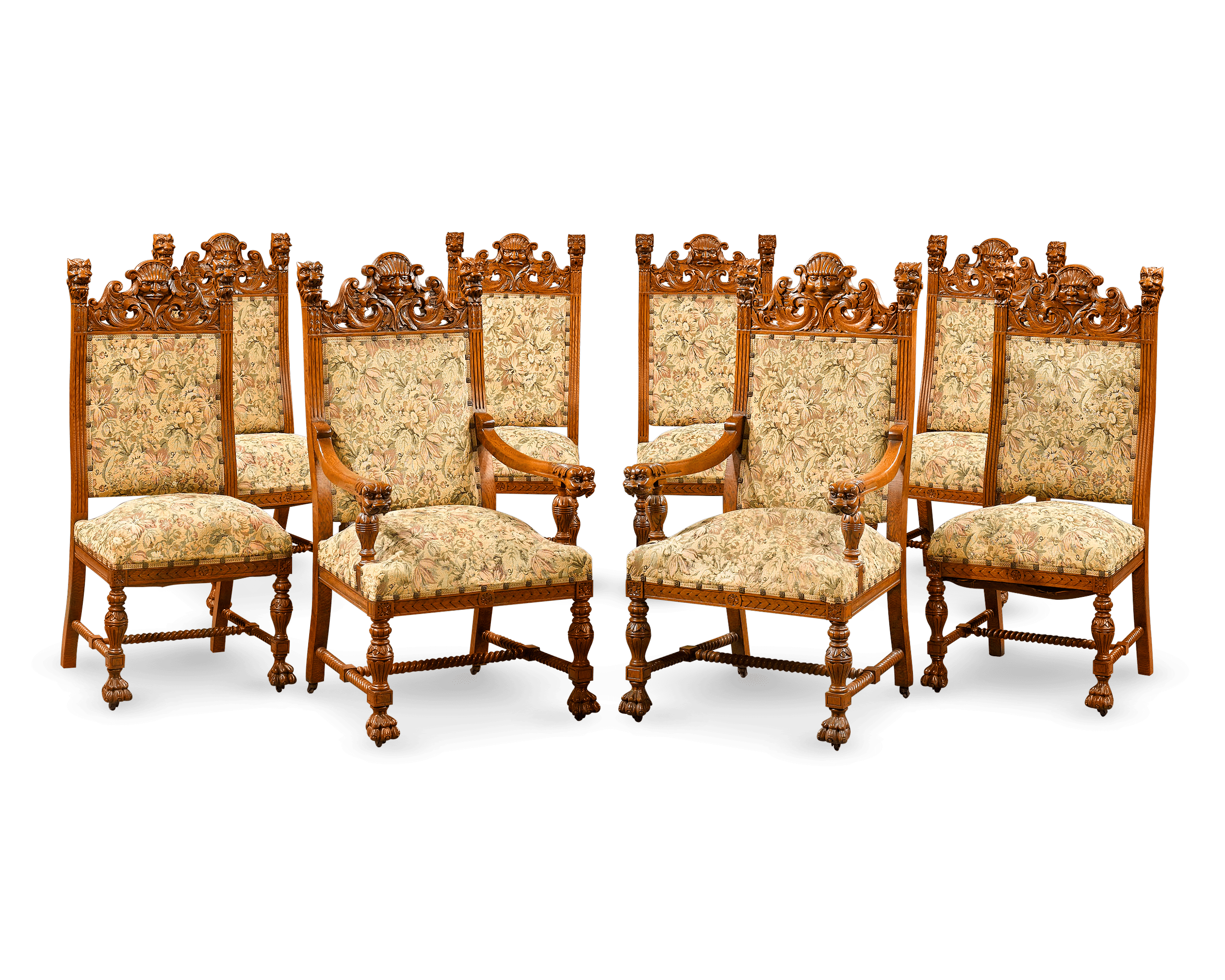 The set retains its original six side and two arm chairs
