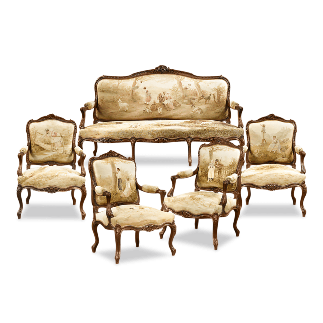 This exceptional parlor set displays beautifully preserved Aubusson tapestries