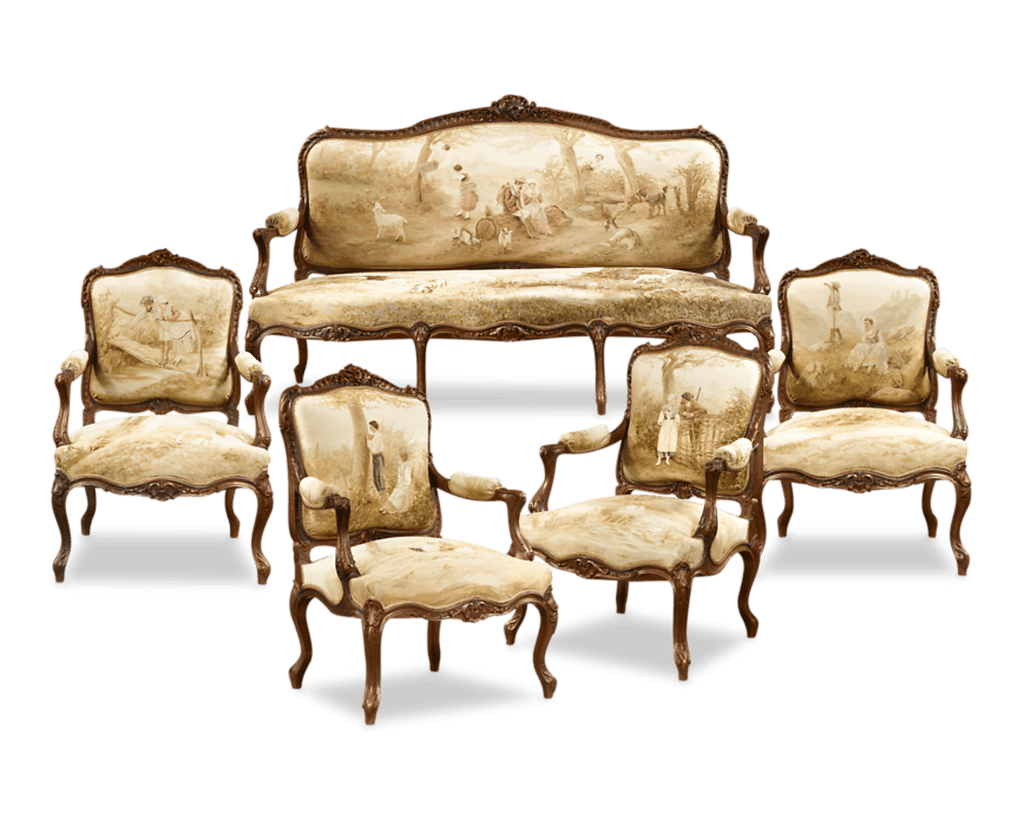 Exquisitely detailed pastoral scenes adorn each piece