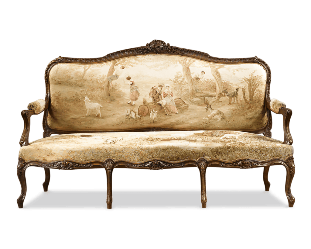 Fabulous artistry by the legendary Aubusson firm is complemented by expert floral carving