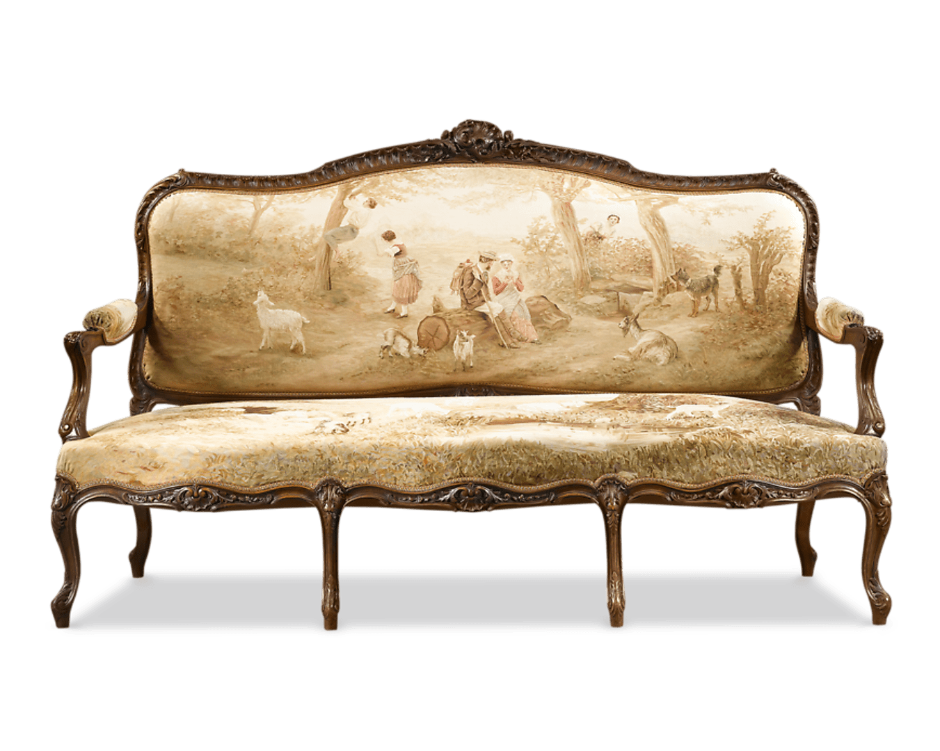 Fabulous artistry by the legendary Aubusson firm is complemented by expert floral carving