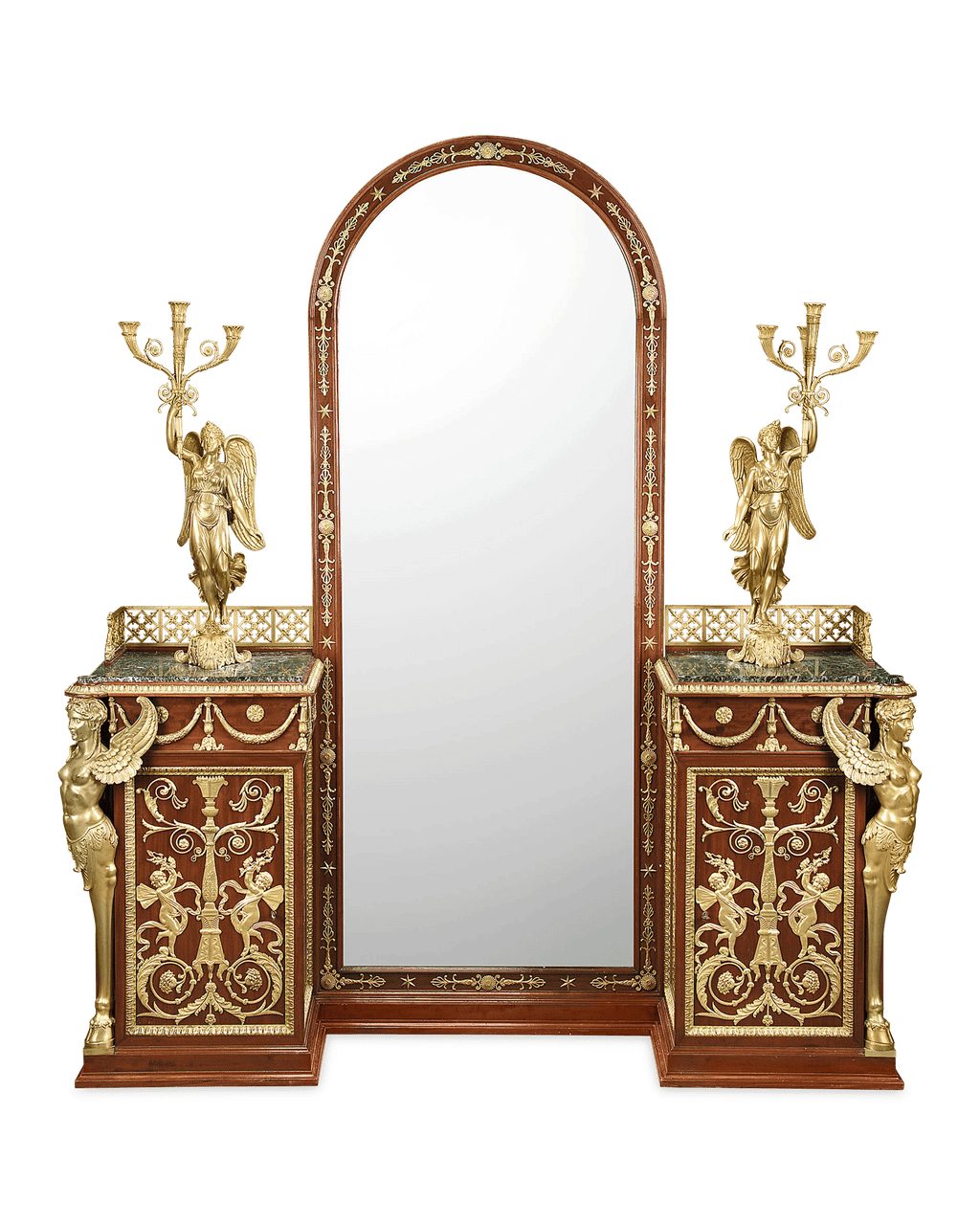 The abattant, mirror tables, cabinet and nightstands are all fitted with handsome green marble