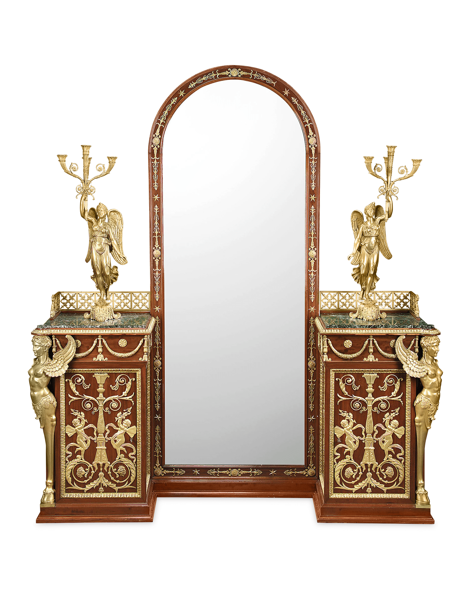 The abattant, mirror tables, cabinet and nightstands are all fitted with handsome green marble