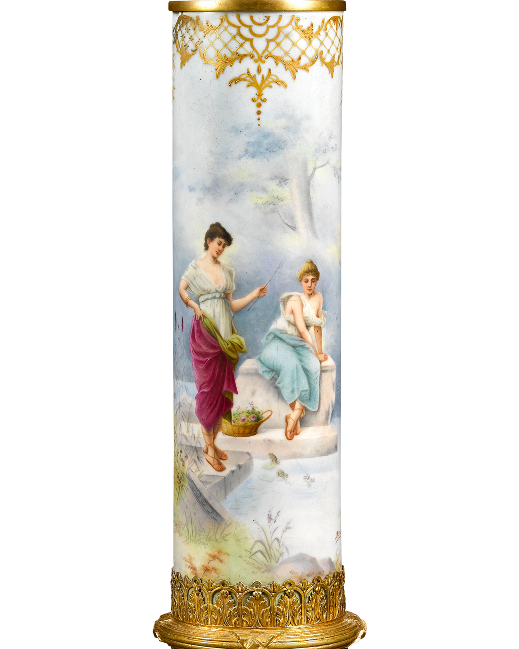Hand-painted porcelain envelopes the length of the column