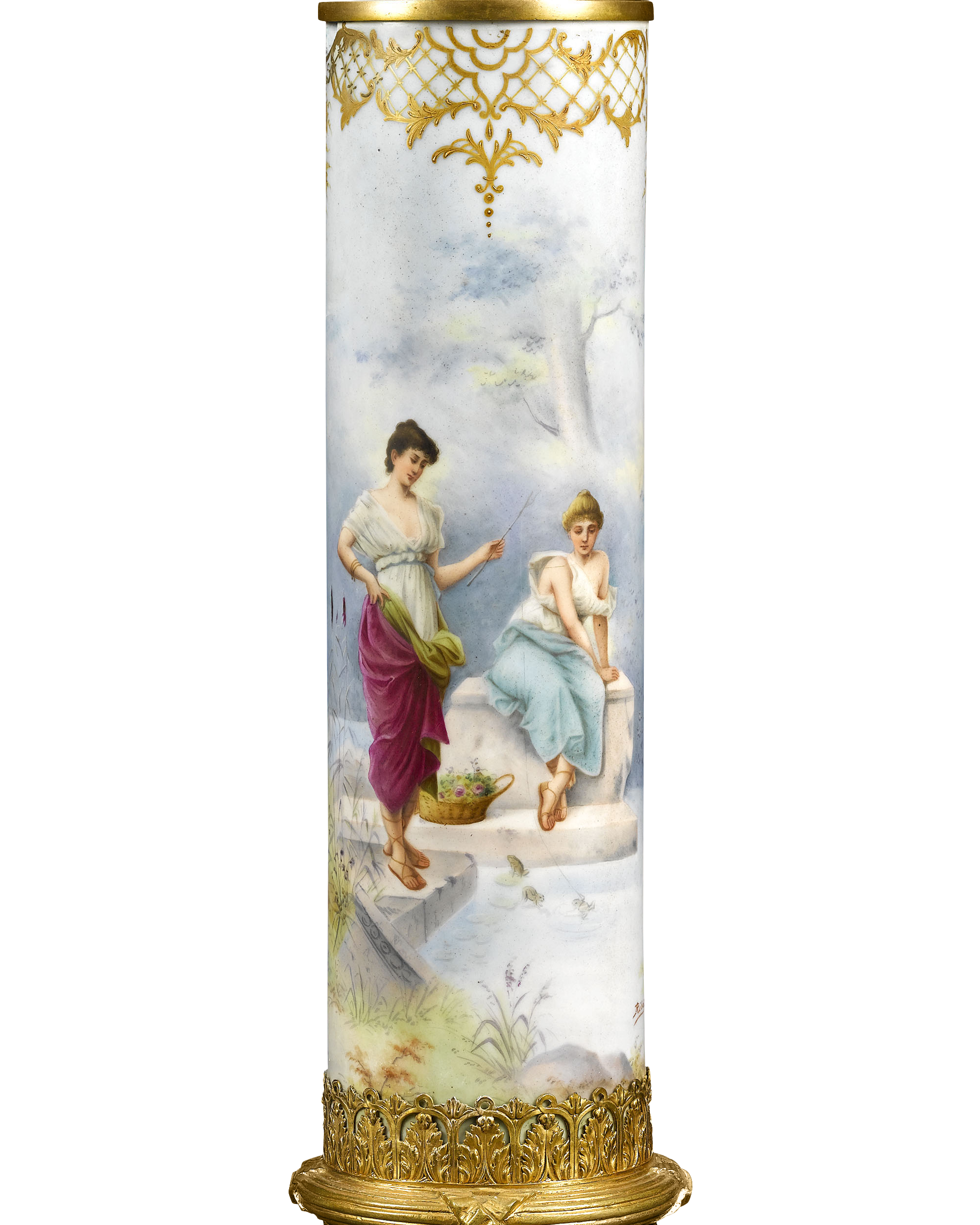 Hand-painted porcelain envelopes the length of the column