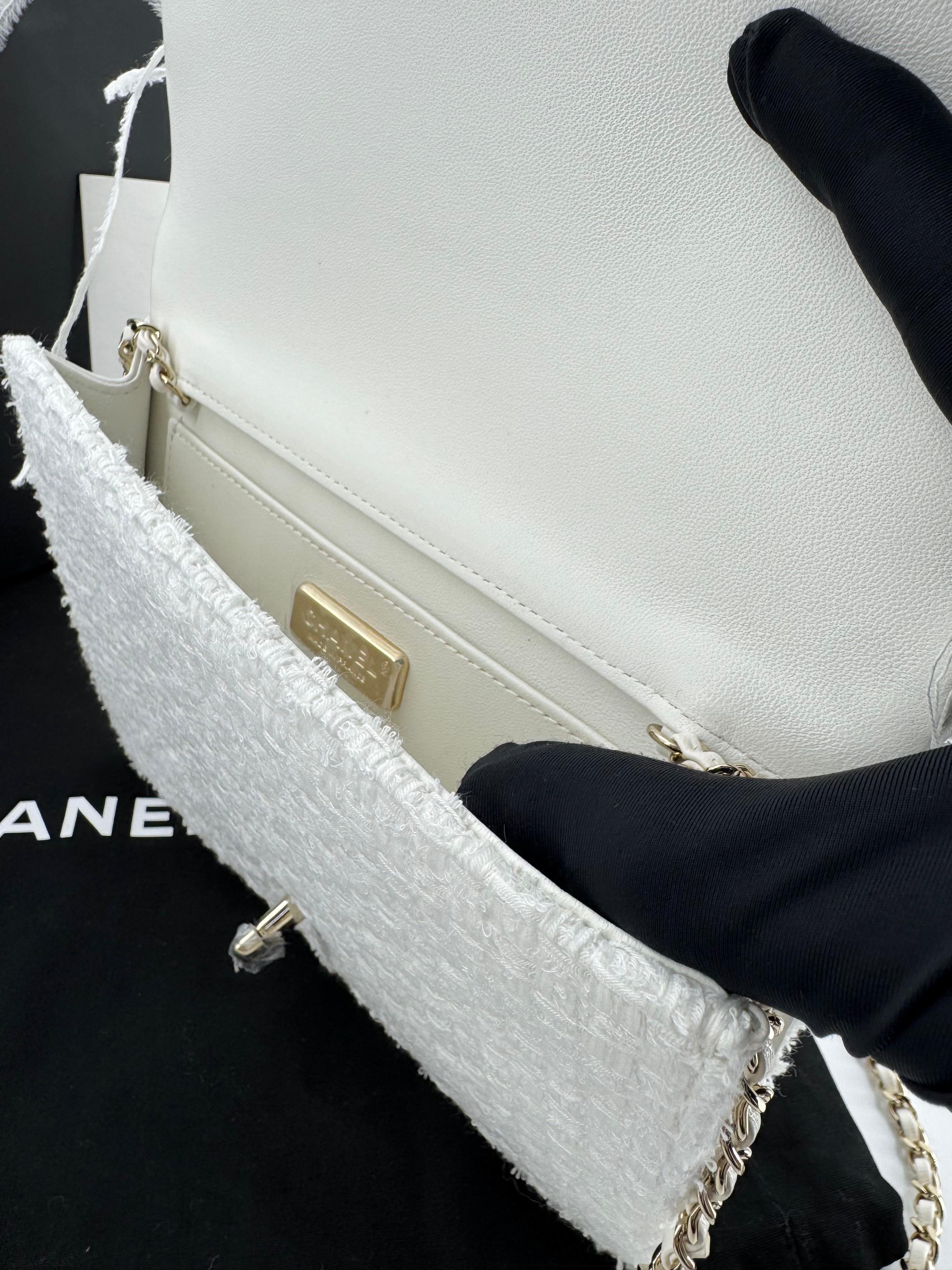 Chanel 25S Embroidered Tweed, Feathers, Imitation Pearls & Gold-Tone Metal Clutch in White