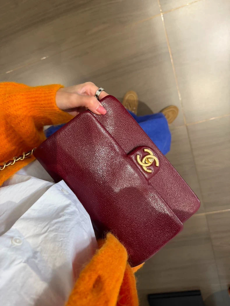 Chanel grained leather burgundy red gold hardware