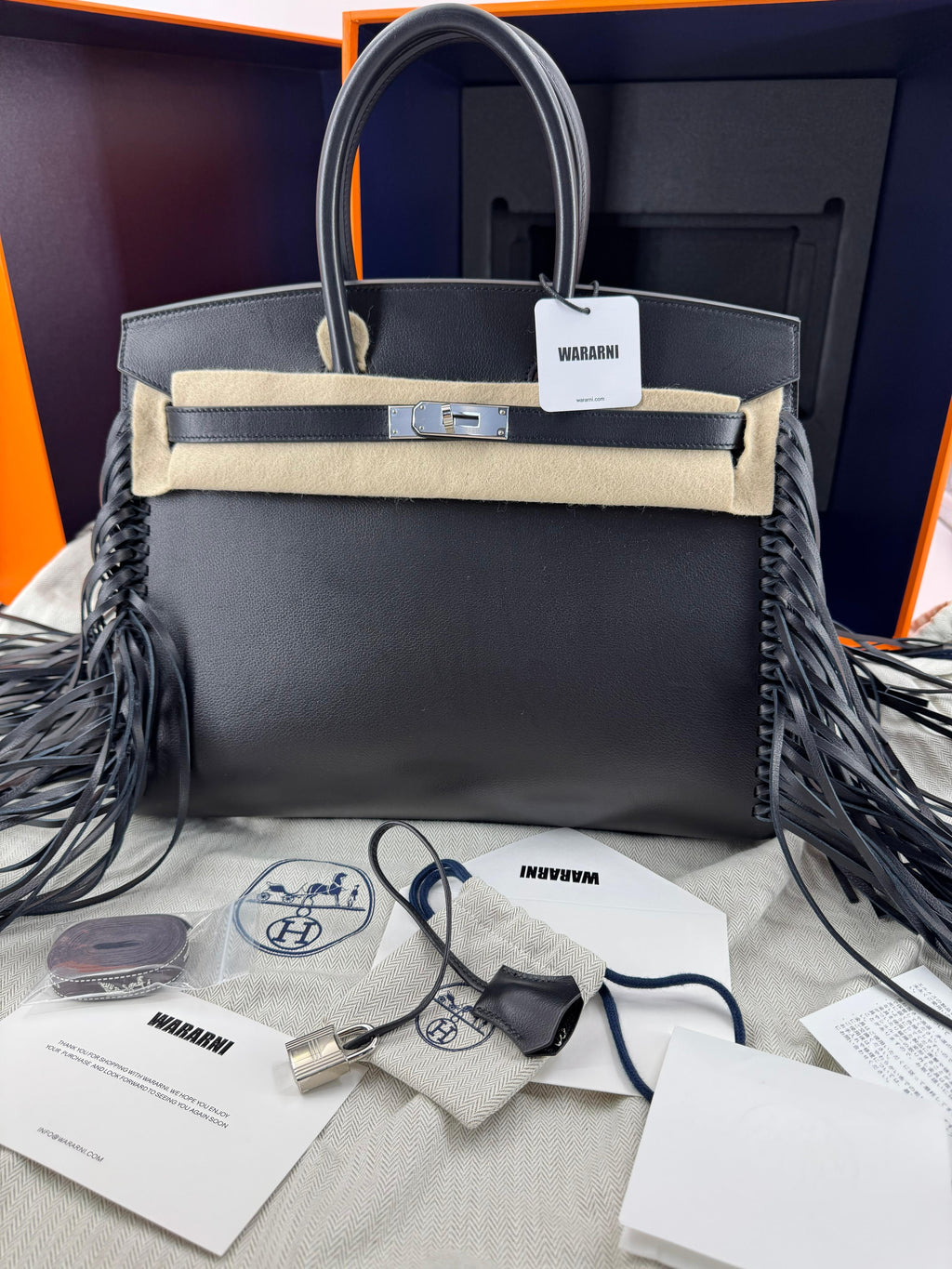 Hermès Birkin 35 Sellier Black Anate Fringe Evercolor leather Palladium Hardware