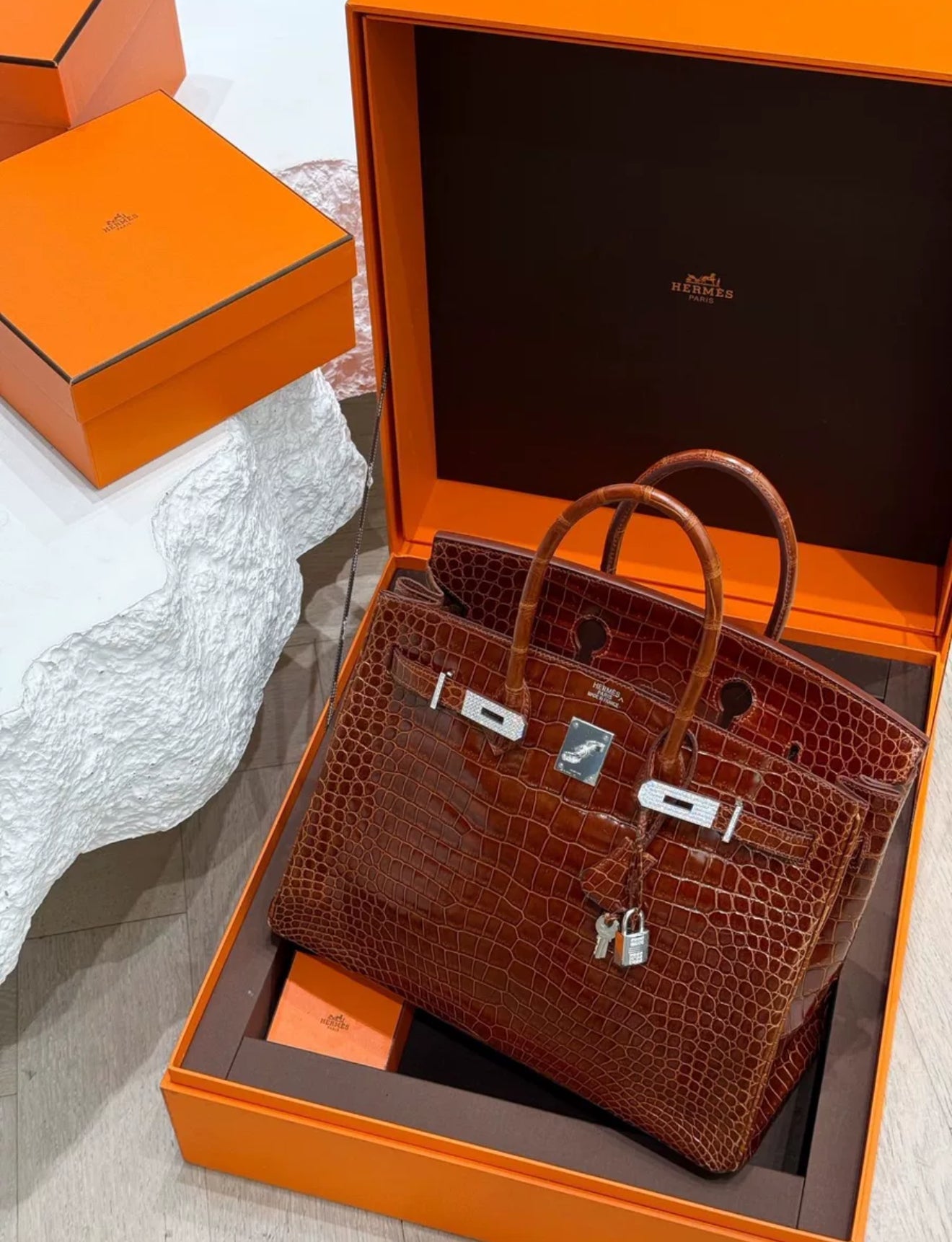 Hermes Birkin 35 Miel Honey Brown Shinny Crocodile Leather with Diamond Hardware