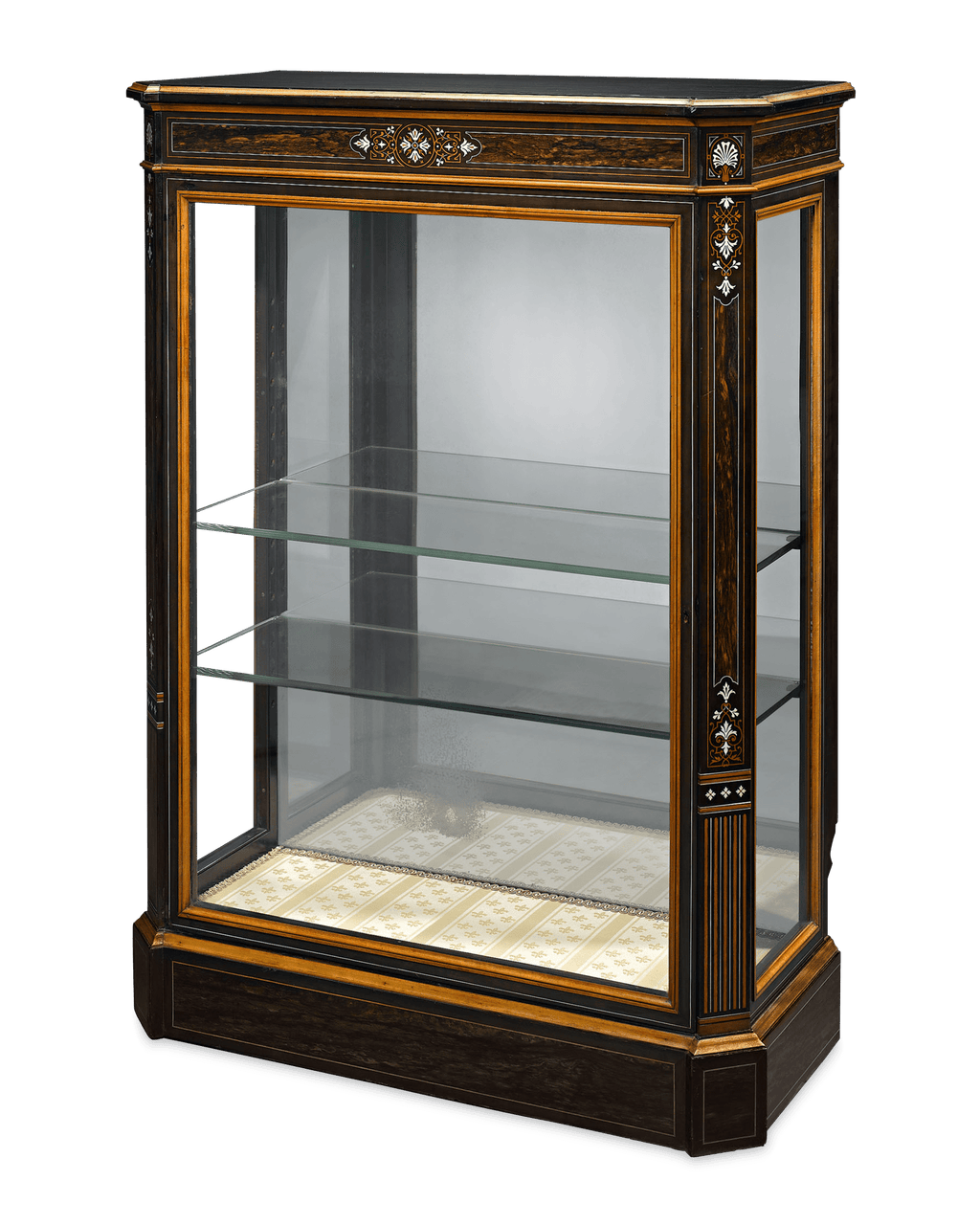 Meticulous inlay on this remarkable cabinet makes a stunning impression