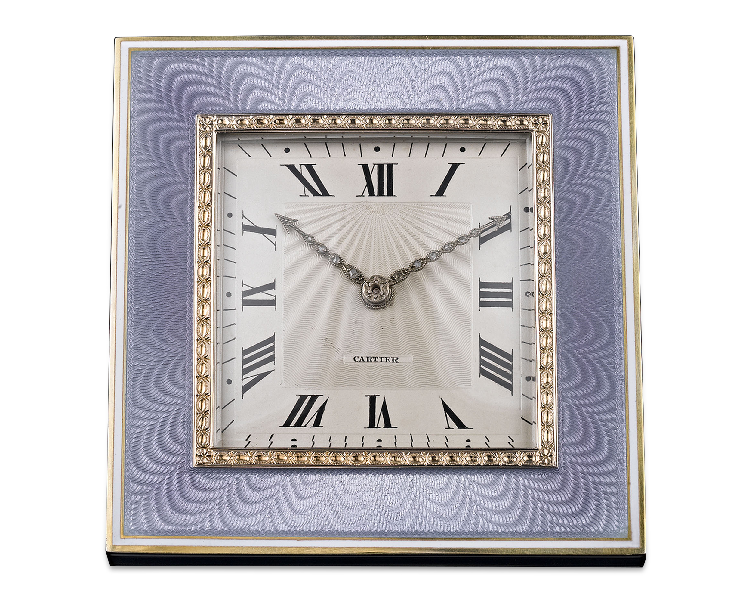 Soft blue guilloché enamel distinguishes this Art Deco-period Cartier desk clock