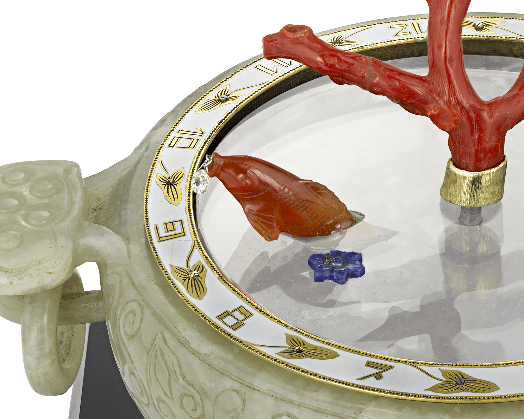 Coral and Jade Koi Fish Mystery Clock