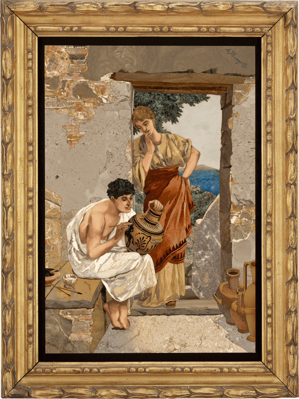 Pietre Dure Plaque of Ancient Artisan by Alberto Menegatti