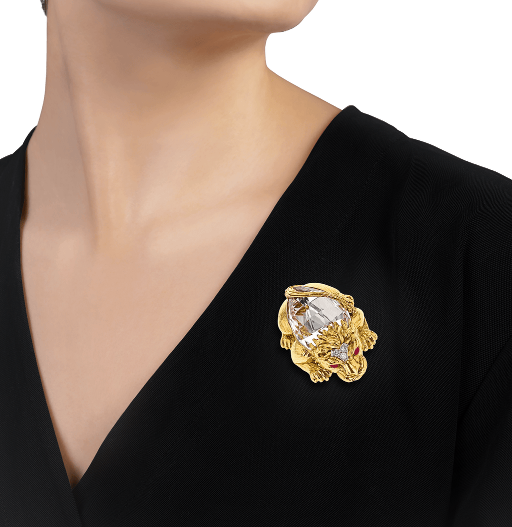 David Webb Crystal and Gold Lion Brooch