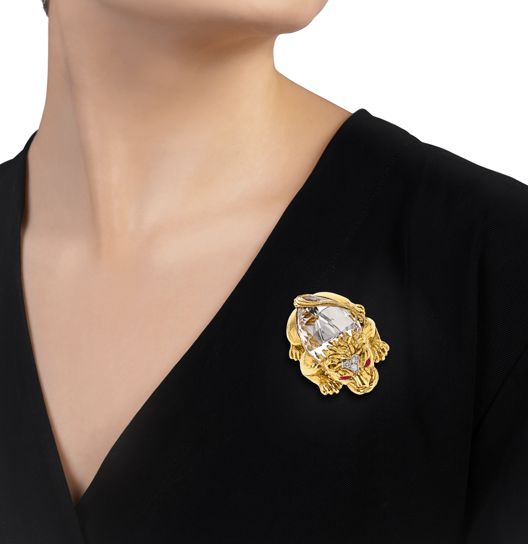David Webb Crystal and Gold Lion Brooch