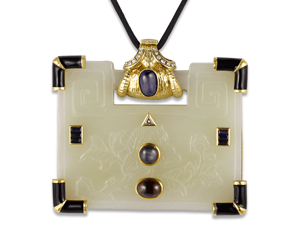 David Webb Carved Jade, Gemstone and Diamond Pendant
