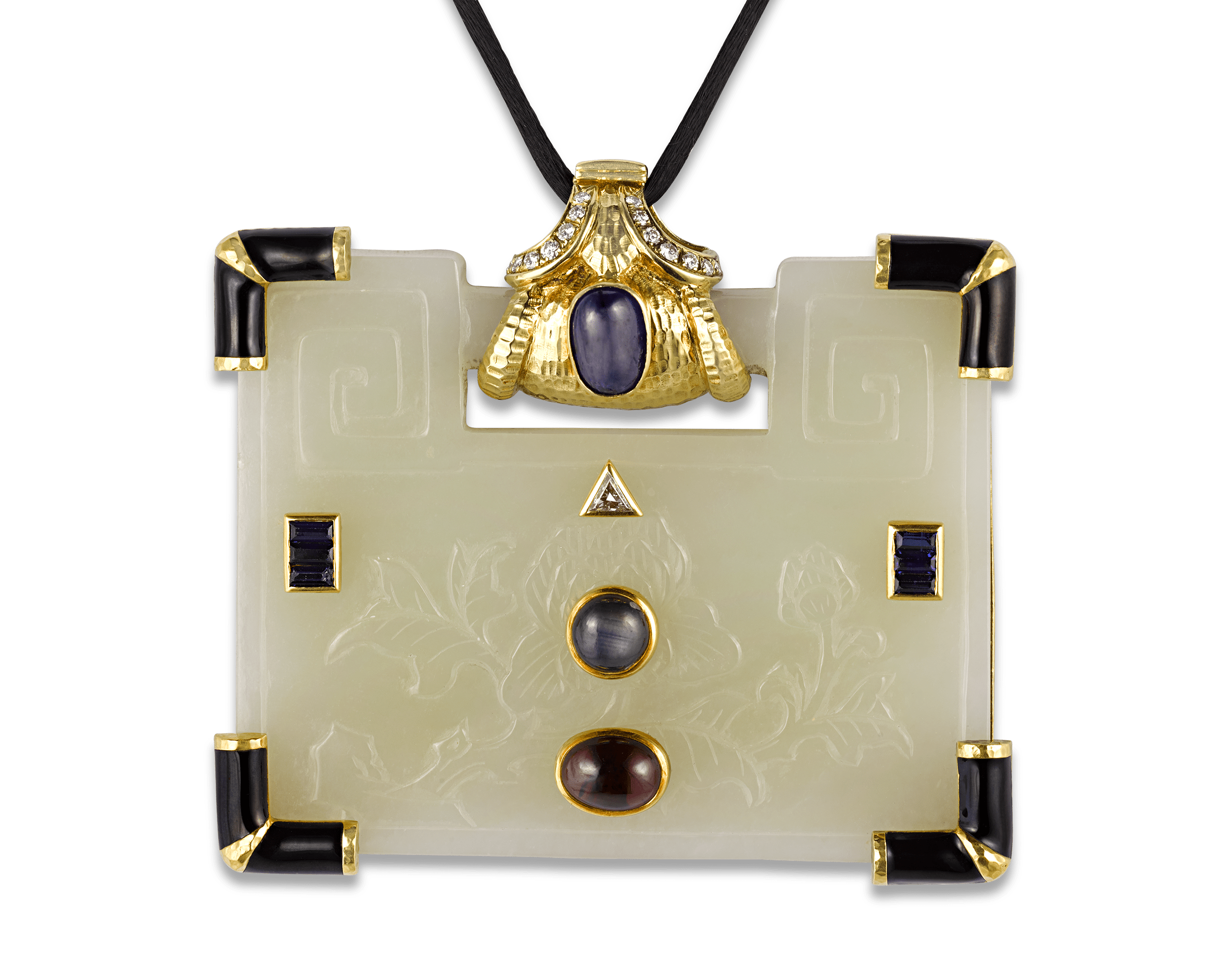 David Webb Carved Jade, Gemstone and Diamond Pendant
