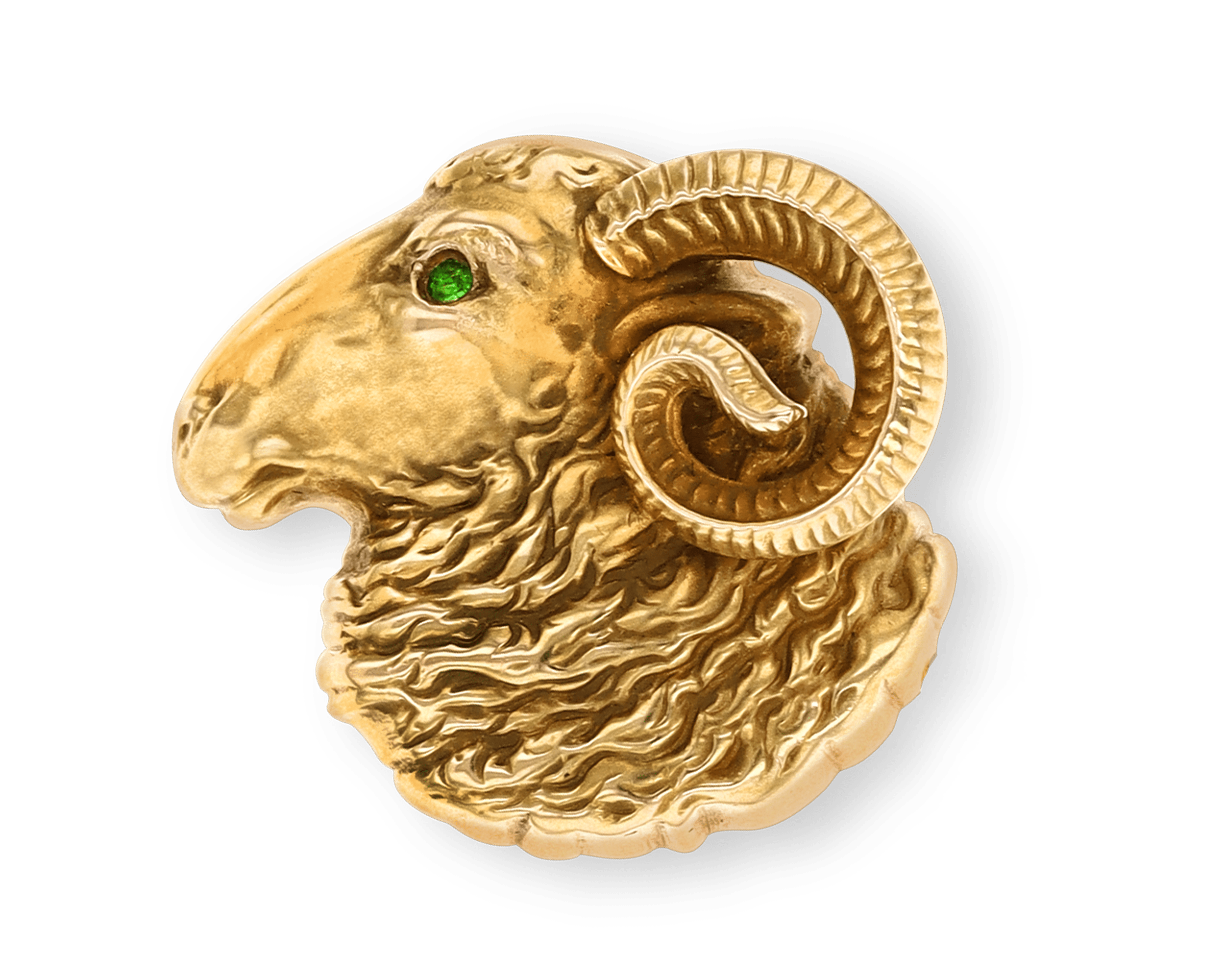 Riker Brothers Gold and Demantoid Garnet Ram's Head Brooch