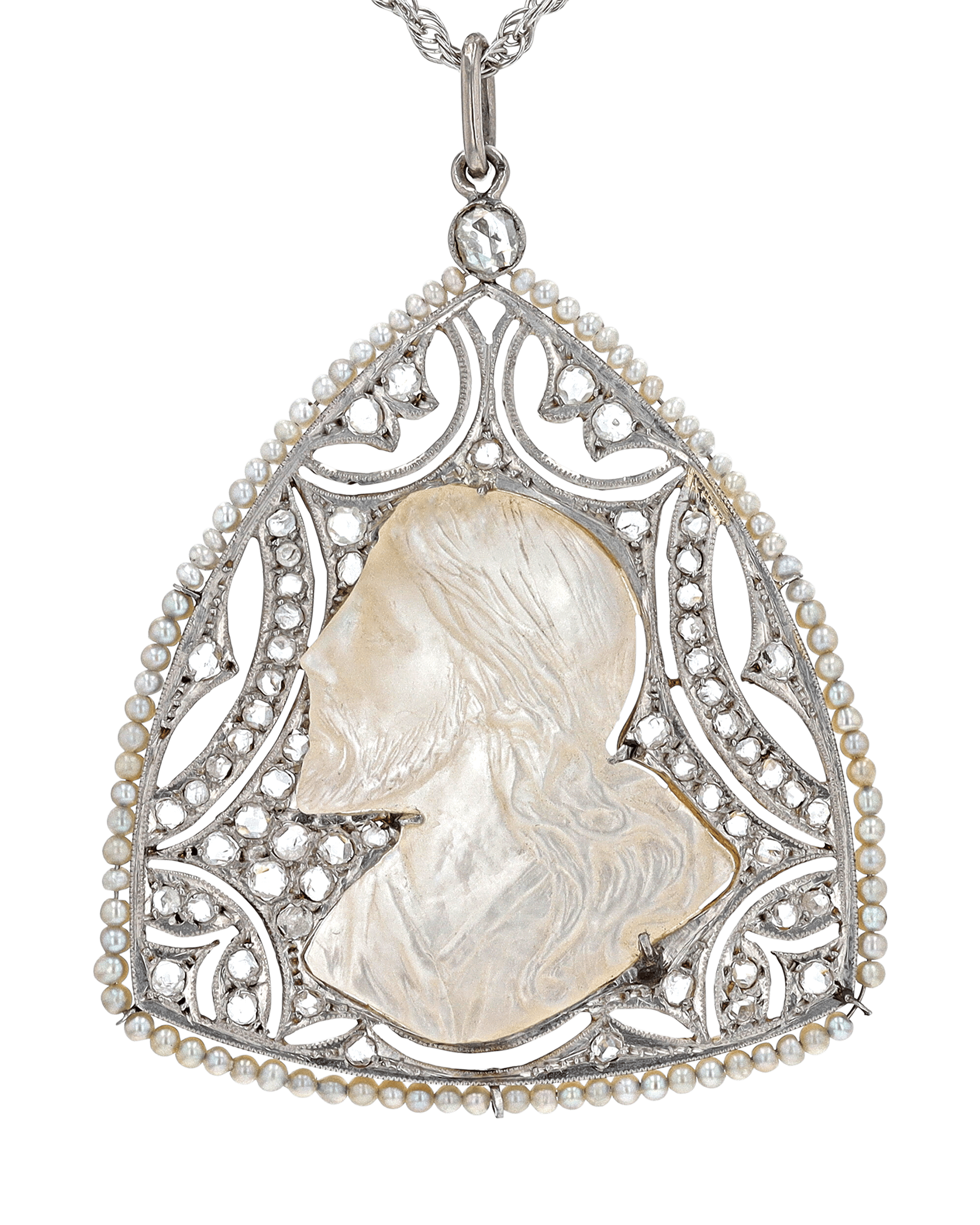 Edwardian Pearl, Diamond and Mother of Pearl Pendant Necklace