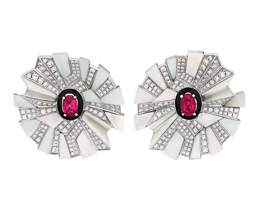 Ruby and Mother-of-Pearl Floral Earrings