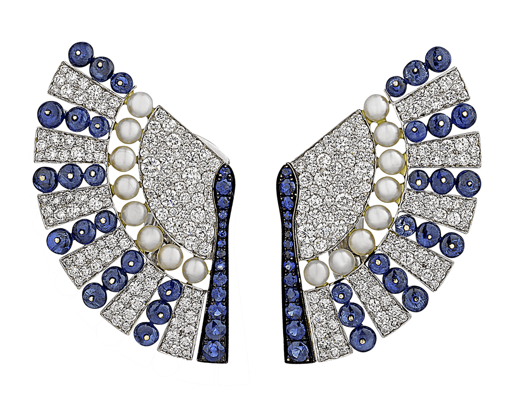 Sapphire, Diamond and Pearl Fan Earrings